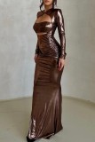 Brownness Sexy Solid Hollowed Out Patchwork O Neck Long Dress Dresses