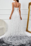 White Sexy Formal Solid Patchwork Backless Spaghetti Strap Long Dress Dresses