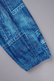 Blue Casual Print Patchwork Turndown Collar Plus Size Jumpsuits