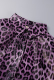 Purple Elegant Print Patchwork Buckle Turndown Collar Outerwear