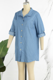 Deep Blue Casual Solid Patchwork Asymmetrical Shirt Collar Long Sleeve Regular Denim Dresses