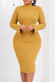 Green Casual Solid Basic Oblique Collar Long Sleeve Dresses
