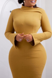 Yellow Casual Solid Basic Oblique Collar Long Sleeve Dresses