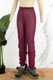Rose Red Casual Ripple Patchwork Skinny Mid Waist Conventional Patchwork Trousers