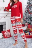 Red Casual Living Print Basic Christmas Day Sleepwear Two Piece Set