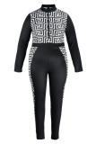 Black Red Casual Print Patchwork Zipper Collar Skinny Jumpsuits