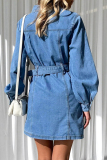 Light Blue Casual Solid Pocket Buckle With Belt Turndown Collar Long Sleeve Straight Denim Dresses