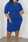 Blue Casual Solid Hollowed Out Patchwork O Neck One Step Skirt Plus Size Dresses