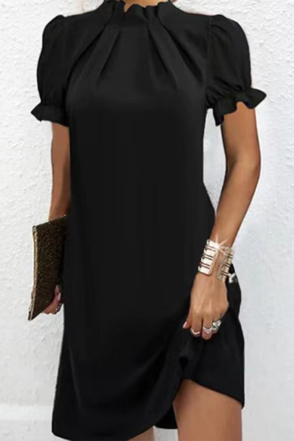 Black Casual Simplicity Solid Fold Lotus Leaf Collar A Line Dresses