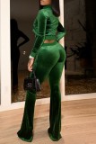 Green Casual Solid Embroidered Zipper Collar Long Sleeve Two Pieces