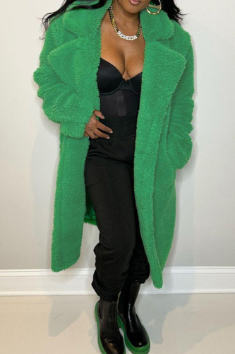 Green Elegant Solid Patchwork Pocket Cardigan Collar Outerwear