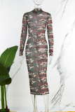 Camouflage Casual Camouflage Print See-through Half A Turtleneck Long Sleeve Dresses
