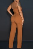 Purple Sexy Casual Solid Backless With Belt Oblique Collar Skinny Jumpsuits