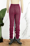 Rose Red Casual Ripple Patchwork Skinny Mid Waist Conventional Patchwork Trousers