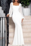 White Casual Solid Patchwork Square Collar Long Dress Dresses