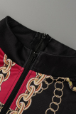 Black Red Casual Print Patchwork Zipper Collar Skinny Jumpsuits