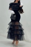 Black Sexy Formal Solid Patchwork Pleated Off the Shoulder Evening Dress Dresses