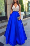 Blue Sexy Formal Patchwork Contrast V Neck Evening Dress Dresses