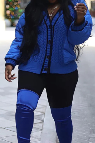 Blue Elegant Solid Patchwork Buckle V Neck Outerwear