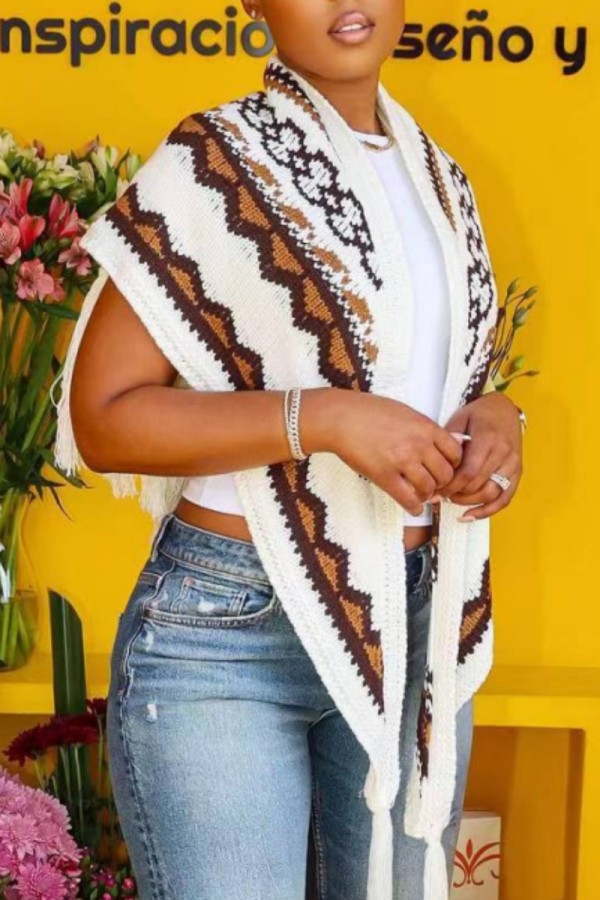 White Casual Patchwork Tassel Cardigan Outerwear
