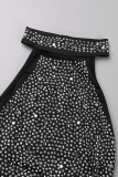 Black Sexy Celebrities Solid Patchwork Hot Drill Halter Wrapped Skirt Dresses