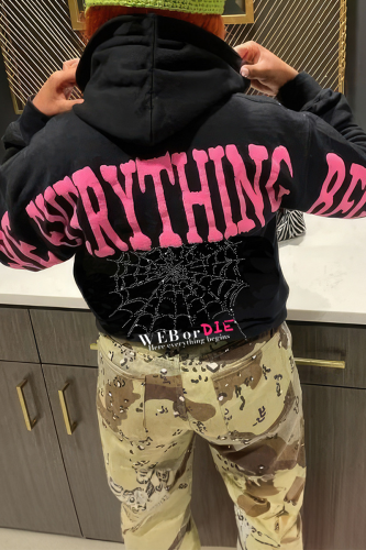 Black Street Print Letter Hooded Collar Tops