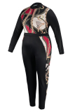 Black Red Casual Print Patchwork Zipper Collar Skinny Jumpsuits