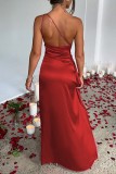 Red Sexy Solid Backless Slit Oblique Collar Long Dress Dresses