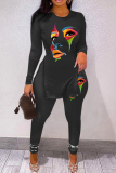 Black Red Casual Print Slit V Neck Long Sleeve Two Pieces