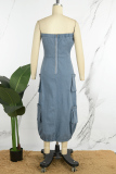 Baby Blue Street Solid Patchwork Pocket Zipper Strapless Sleeveless High Waist Straight Denim Dresses