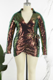 Green Casual Patchwork Bronzing Sequins Frenulum V Neck Long Sleeve Plus Size Dresses
