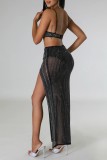 Black Sexy Patchwork Hot Drilling See-through Backless Slit Spaghetti Strap Sleeveless Two Pieces