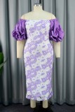 Purple Casual Patchwork Basic Off the Shoulder One Step Skirt Dresses