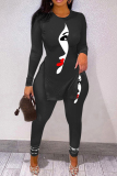 Black White Casual Print Slit V Neck Long Sleeve Two Pieces