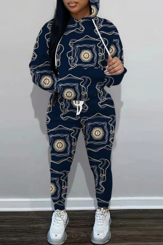 Tibetan Blue Casual Print Basic Hooded Collar Long Sleeve Two Pieces