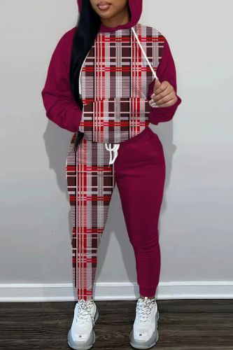 Burgundy Casual Print Basic Hooded Collar Long Sleeve Two Pieces