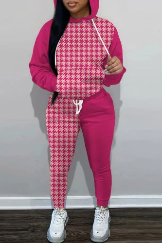 Rose Red Casual Print Basic Hooded Collar Long Sleeve Two Pieces