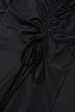 Black Sexy Street Solid Draw String High Opening Zipper Halter Sleeveless Dress Dresses
