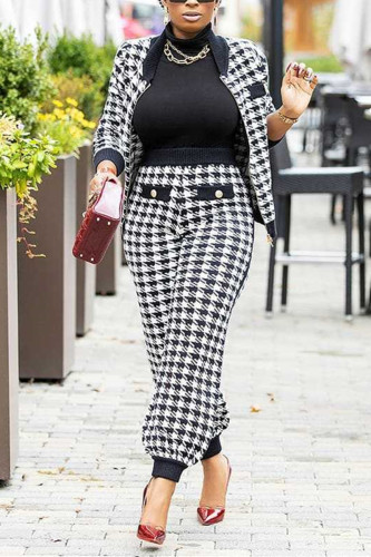 Black Casual Print Patchwork Mandarin Collar Plus Size Two Pieces