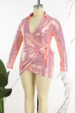 Pink Casual Patchwork Bronzing Sequins Frenulum V Neck Long Sleeve Plus Size Dresses