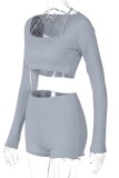 Grey Casual Solid Patchwork Halter Long Sleeve Two Pieces