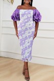 Purple Casual Patchwork Basic Off the Shoulder One Step Skirt Dresses