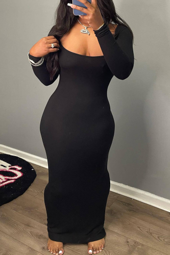 Black Casual Solid Basic U Neck Long Dress Dresses