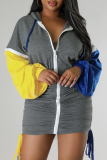 Grey Casual Patchwork Fold Contrast Zipper Hooded Collar Long Sleeve Dresses