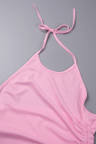 Light Pink Sexy Street Solid Draw String High Opening Zipper Halter Sleeveless Dress Dresses