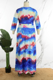 Blue Casual Print Bandage Patchwork O Neck Printed Dress Plus Size Dresses