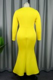 Yellow Casual Solid Patchwork V Neck Long Dress Dresses