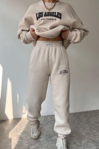 Apricot Casual Letter Print Basic O Neck Long Sleeve Two Pieces