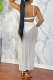 White Sexy Patchwork Hot Drilling See-through Backless Slit Spaghetti Strap Sleeveless Two Pieces