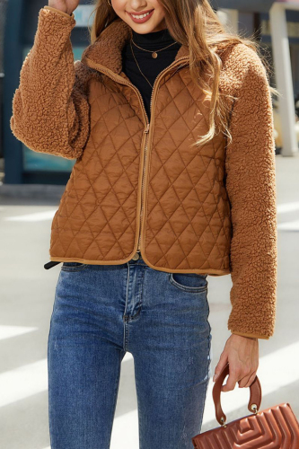 Camel Casual Solid Patchwork Mandarin Collar Outerwear